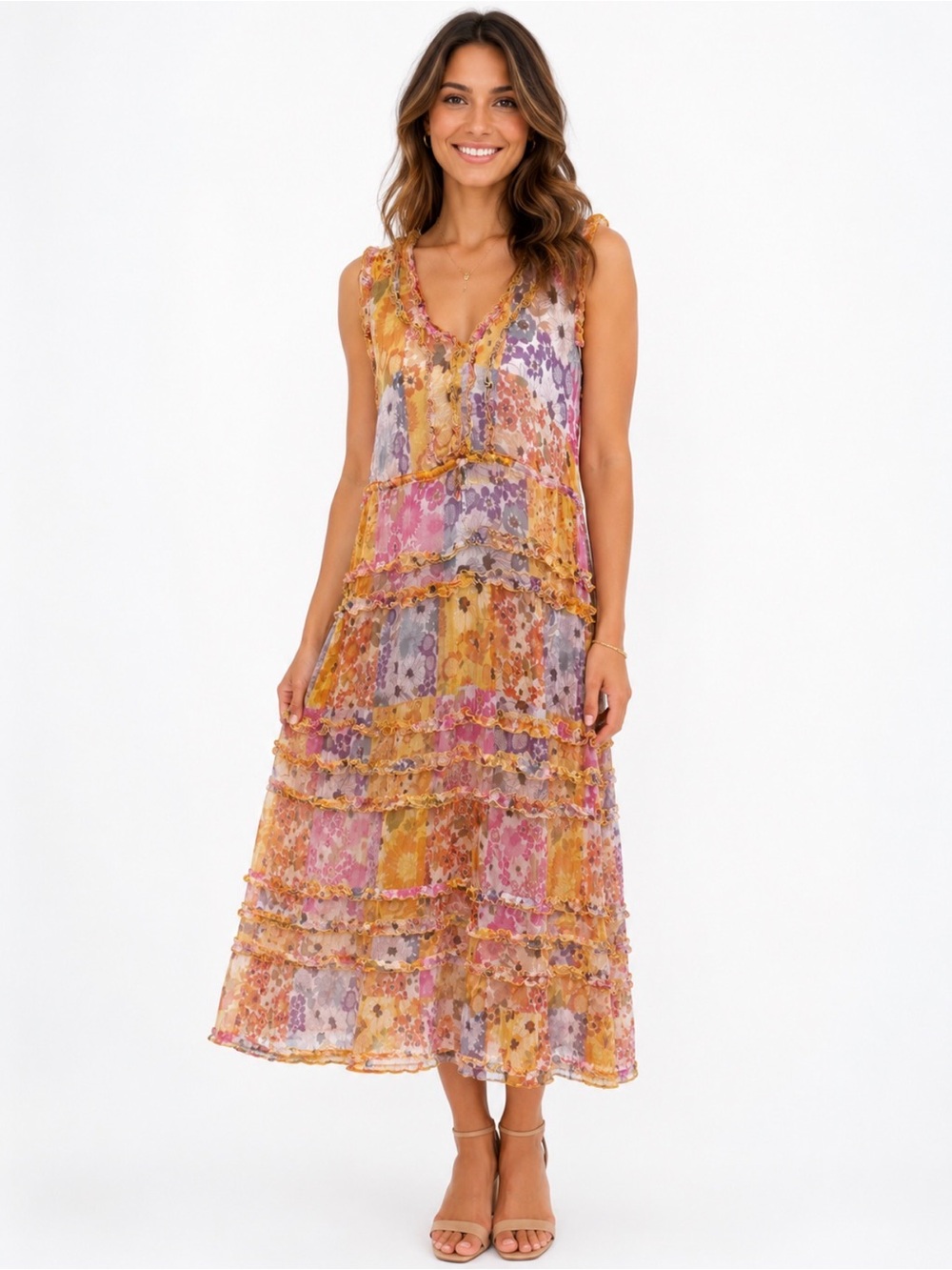 Johnny Was Boho Patchwork Floral Tiered Midi Dress XL Sheer Ruffle Trim Dress